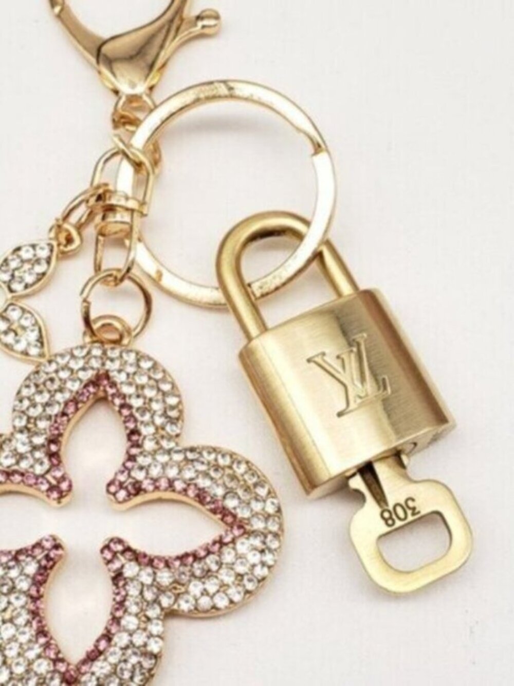 Louis Vuitton Gold Padlock Key 🔒 Authentic LV Charm + Unbranded Clover Keychain - Picture 6 of 7